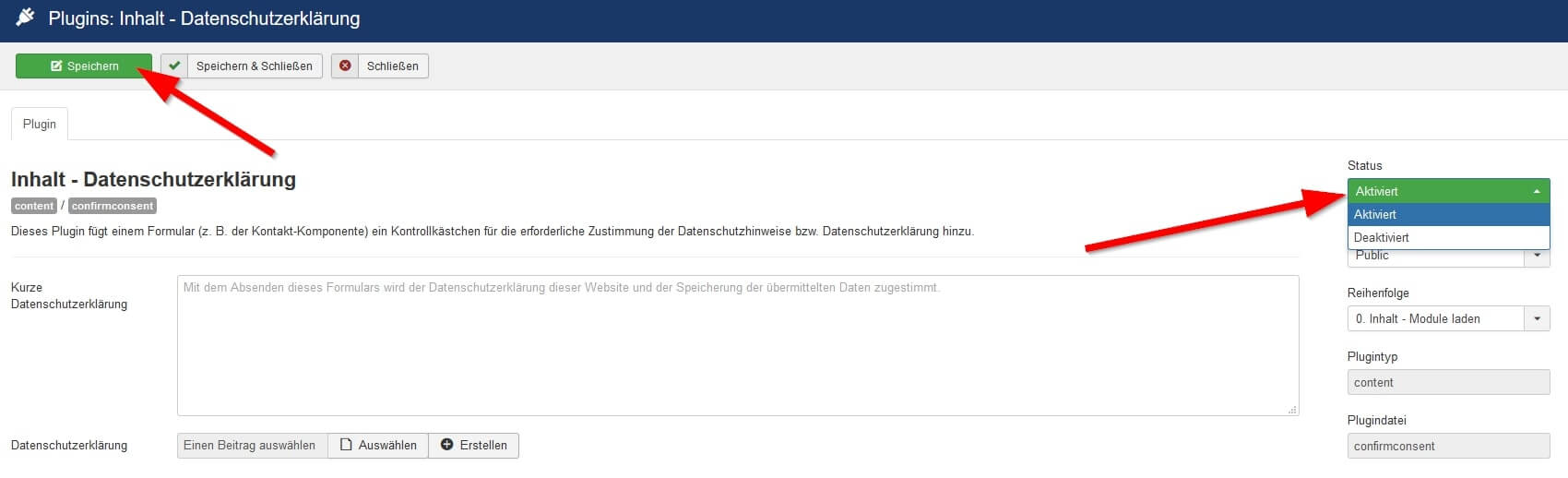 Joomla DSGVO - Ratgeber und Anleitung. Plugin: Inhalt - Datenschutzerklärung aktivieren.