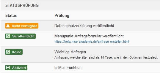 Joomla DSGVO - Ratgeber und Anleitung. Statusprüfung im Backend.