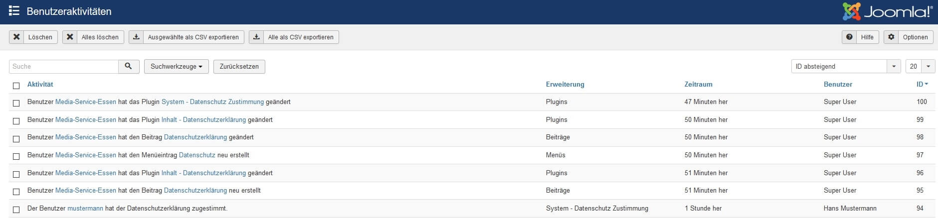 Joomla DSGVO - Ratgeber und Anleitung. Protokoll der Benutzeraktivitäten.